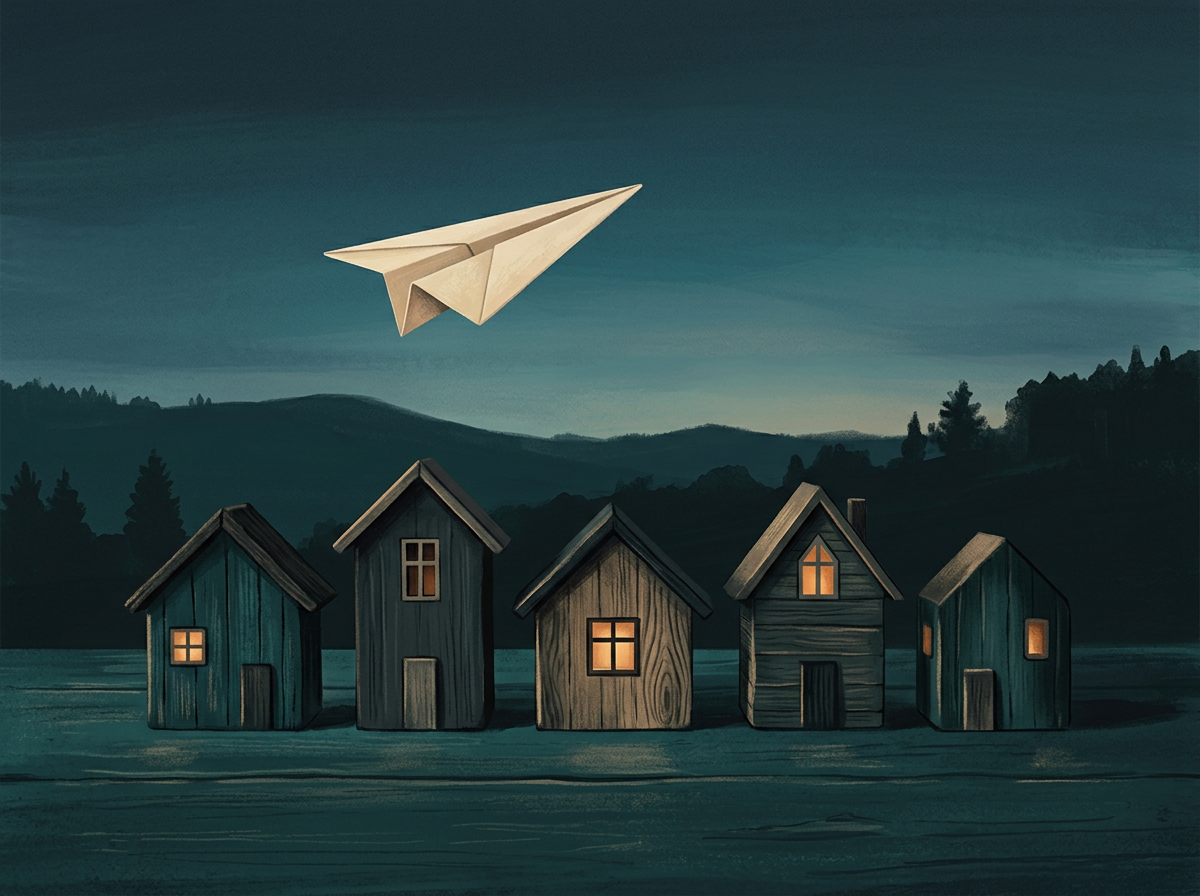 Generated illustration: a paper plane above a row of small houses with lit windows