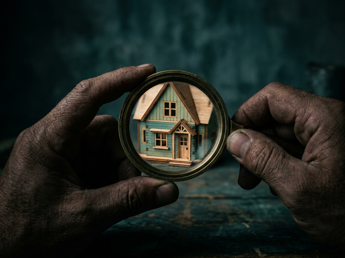 Generated illustration: hands holding a lens over a small model house